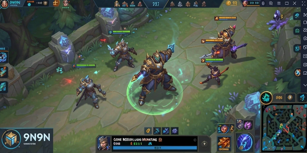 Screenshot gameplay MOBA di 9N9N yang menampilkan aksi tim.