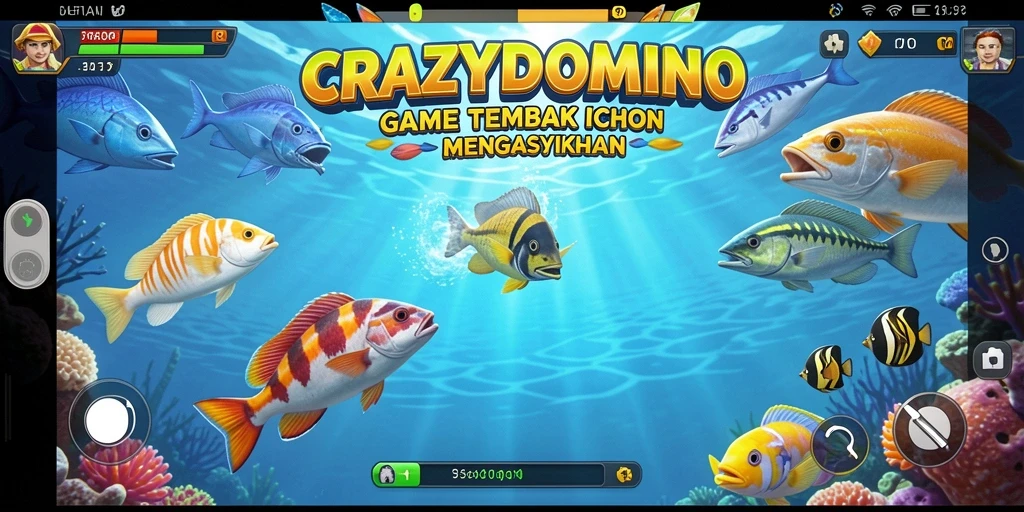 Screenshot permainan CRAZYDOMINO dengan tampilan aksi menembak ikan.
