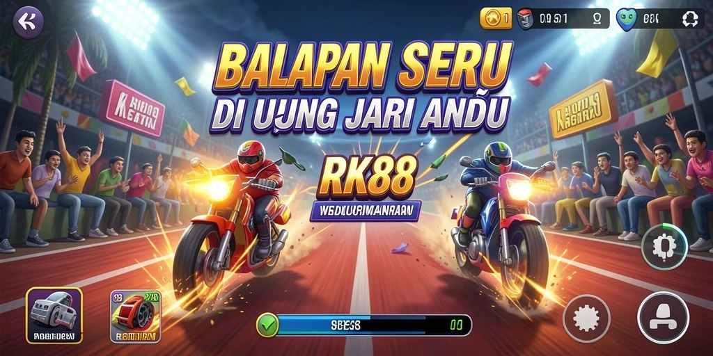 Screenshot utama RK88 menampilkan aksi balapan yang mendebarkan.
