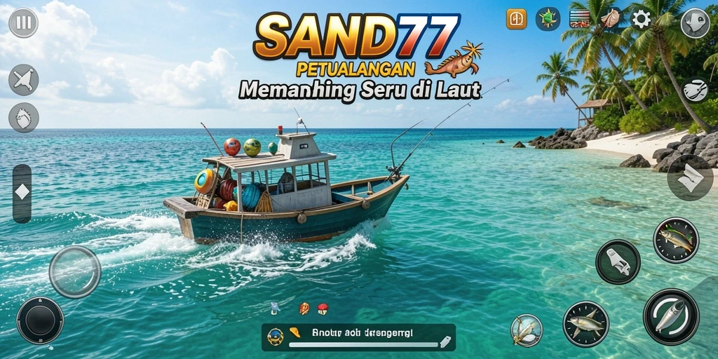 Screenshot gameplay SAND77 menampilkan aksi memancing yang mendebarkan.