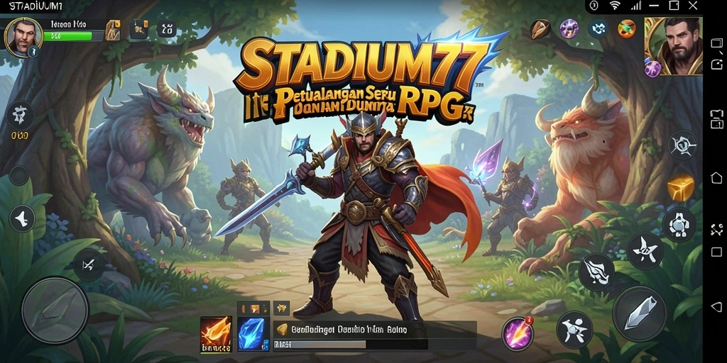 Screenshot STADIUM77 menampilkan pertempuran epik dalam dunia RPG yang fantastis.